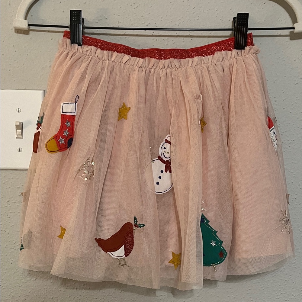 Festive Mini Boden Light Pink Tulle Skirt with Holiday Embroidery